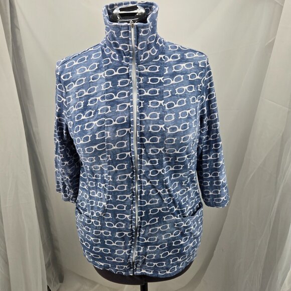 810-4 Chico’s Zenergy glasses print zippered ¾ sleeve jacket Size 2 Large/12 - Picture 5 of 9